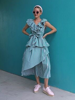 ✅🏁👛🏳️‍⚧️Halogen Green & White Striped Ruffle Peplum Top
